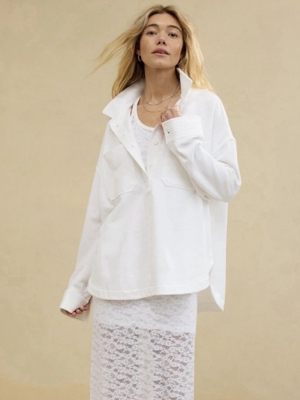 Aerie oversized white popover polo textured rib collar/cuffs Size Large